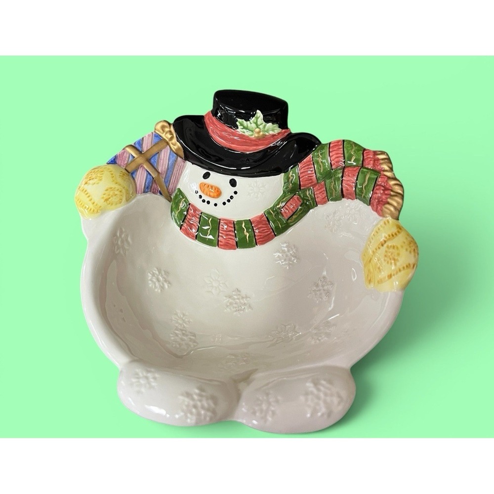 Fitz & Floyd Frosty Folks Snowman Candy Bowl Dish Winter Holiday Christmas Decor